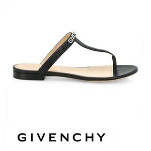 GIVENCHY Elba Black Croc Leather Metal Movable Logo Thong Flat Sandal Sz 38 1/2